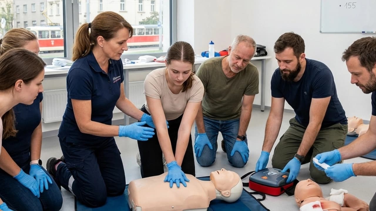Lektorka záchranářka ukazuje účastníkům kurzu resuscitaci na figuríně